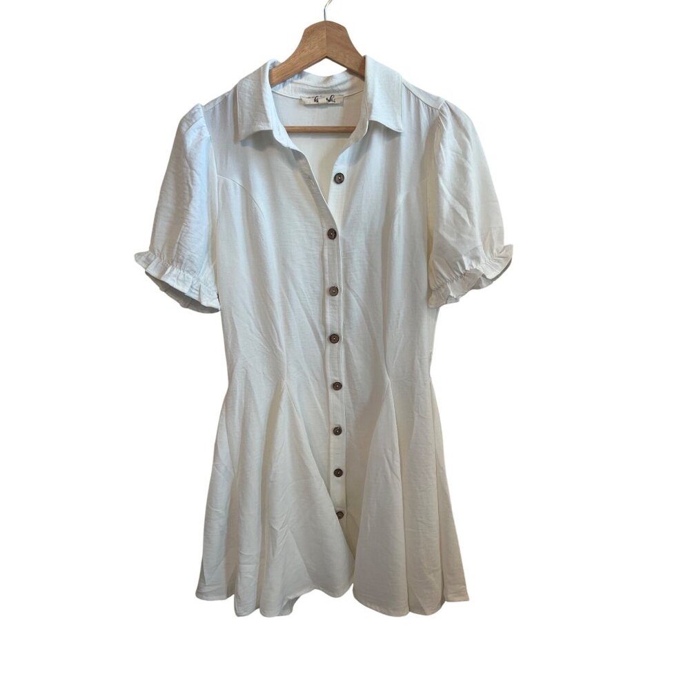 Hint Of Blush White Button-Up Short Sleeve Pleated Mini Dress Women's Size M